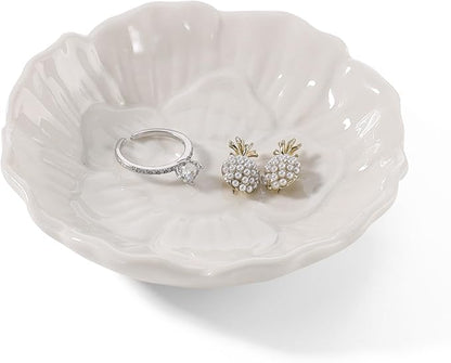 Flower Ring Dish Holder,Jewelry Dish Tray,Small Trinket Tray,Jewelry Plate Bowl,Key Bowl,Decorative Plate,Birtdhay Christmas Gifts for Women Friends,Ceramic White