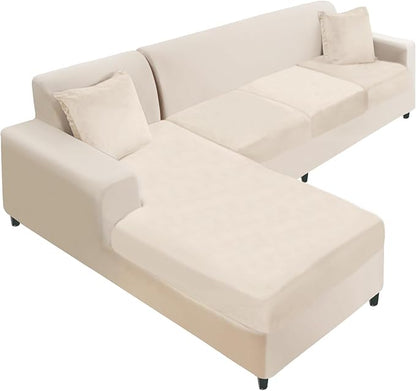 NAISI Sectional Couch Cover 4 Pieces Velvet Separate Couch Cushion Covers L Shape Soft Stretch Sofa Slipcovers with 2pcs Pillowcases for Left/Right Chaise Sectional Couch(3 Seater+1 Chaise,Beige)