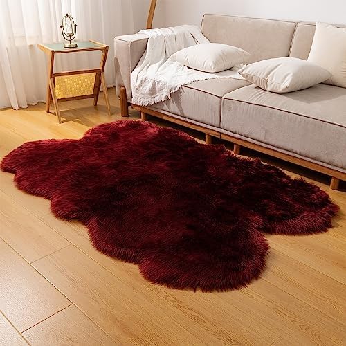 Fluffy Faux Fur Rug Burgundy Sheepskin Area Rug,4x6 Ft Ultra Soft Shaggy Plush Rug for Bedroom Bedside Living Room Nursery Kids Room