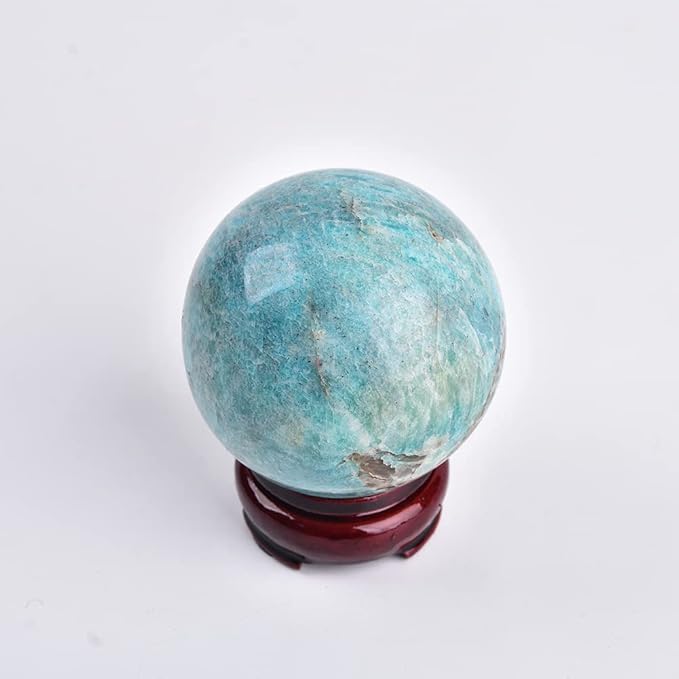 JIC Gem Amazonite Crystal Ball Sphere with Wood Stand Blue Gemstone Sphere Healing Crystal Balls for Reiki Chakra Decoration Fengshui (90-100mm)