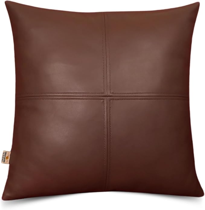 Lambskin Leather Pillow Cover, Hand Panel Stitched Leather Decorative Throw Pillow Covers for Couch Sofa Bed Living Room Garden (18x18 Inches, Dark Brown Pack of 1)