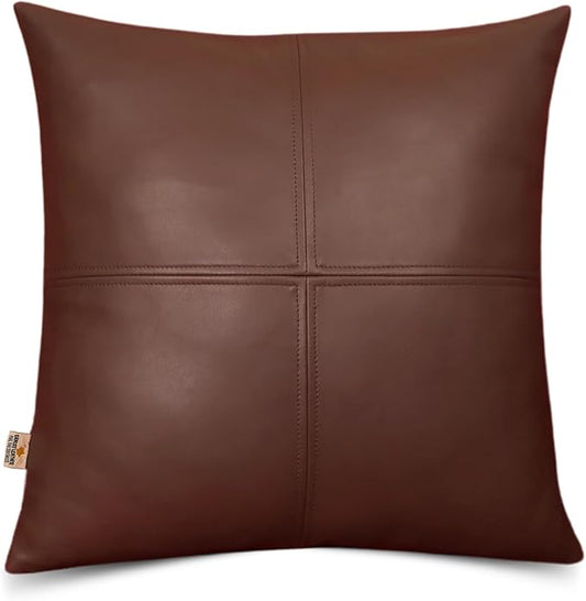 Lambskin Leather Pillow Cover, Hand Panel Stitched Leather Decorative Throw Pillow Covers for Couch Sofa Bed Living Room Garden (20x20 Inches, Dark Brown Pack of 1)