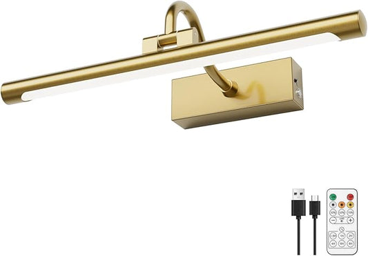 Aipsun 15.7" Brass Picture Lights for Wall Rechargeable,10000mAh Battery Operated Art Light for Paintings,3CCT Dimmable, Rotatable Gallery Light for Pictures Display
