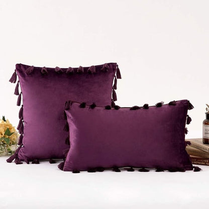vctops Velvet Soft Solid Decorative Throw Pillow Cover with Tassels Boho Accent Cushion Case for Couch Bedroom Car Dark Purple 20''x20''