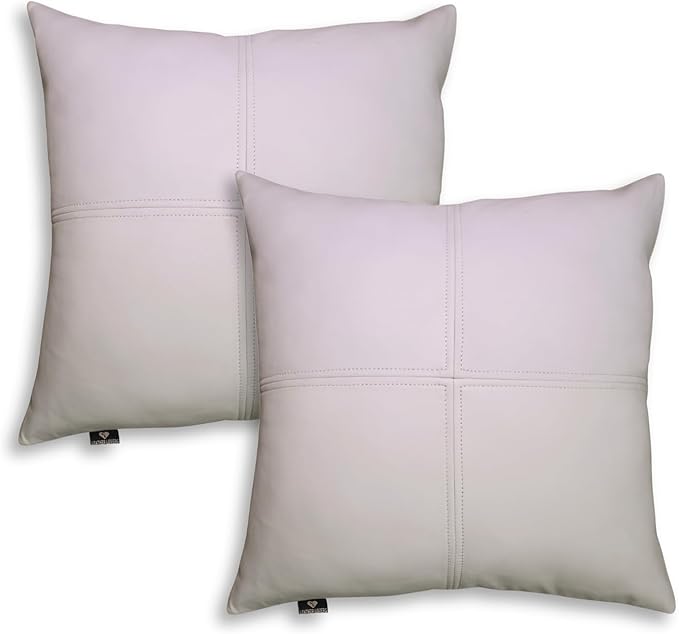 LL LEATHER LOVERS Lambskin Leather Pillow Cover, Hand Panel Stitched Leather Decorative Throw Pillow Covers for Couch Sofa Bed Living Room Garden (18x18 Inches, White Pack of 2)