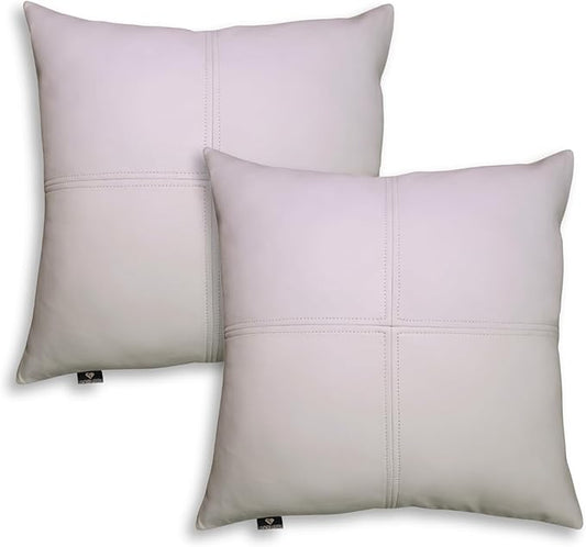 LL LEATHER LOVERS Lambskin Leather Pillow Cover, Hand Panel Stitched Leather Decorative Throw Pillow Covers for Couch Sofa Bed Living Room Garden (22x22 Inches, White Pack of 2)
