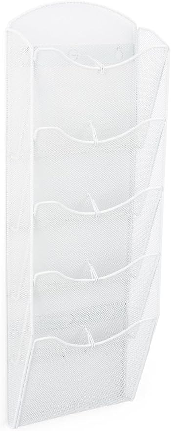 Displays2go Single & Multi-Tiered Metal Mesh Literature Wall Rack, 5-10 Pockets - White (MSHWHL5WHT)