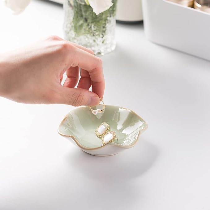 Ceramic Trinket Dish, Ring Tray, Decorative Jewelry Dish for Earrings Necklaces Watch Keys, for Women, White Green