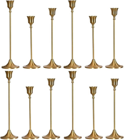 SylvaCraft Brass Gold Candle Holders Rustproof Taper Candlestick Holders for Holiday Party Table Centerpiece Wedding Fireplace Mantel Housewarming Gift(4 Sets(12 Pcs))