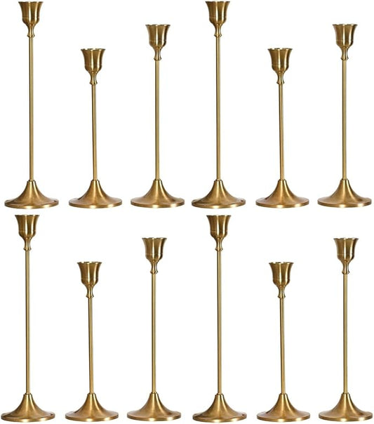 SylvaCraft Brass Gold Candle Holders Rustproof Taper Candlestick Holders for Holiday Party Table Centerpiece Wedding Fireplace Mantel Housewarming Gift(4 Sets(12 Pcs))