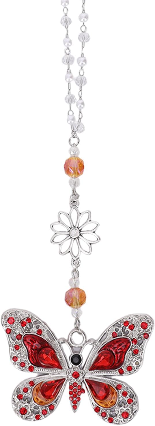 Red Crystal Butterfly Car Charms - Vintage Rear View Mirror Hanging Ornament, Sun Catcher Window Pendant for Car Interior Decoration, Halloween for Mom Aunt Women