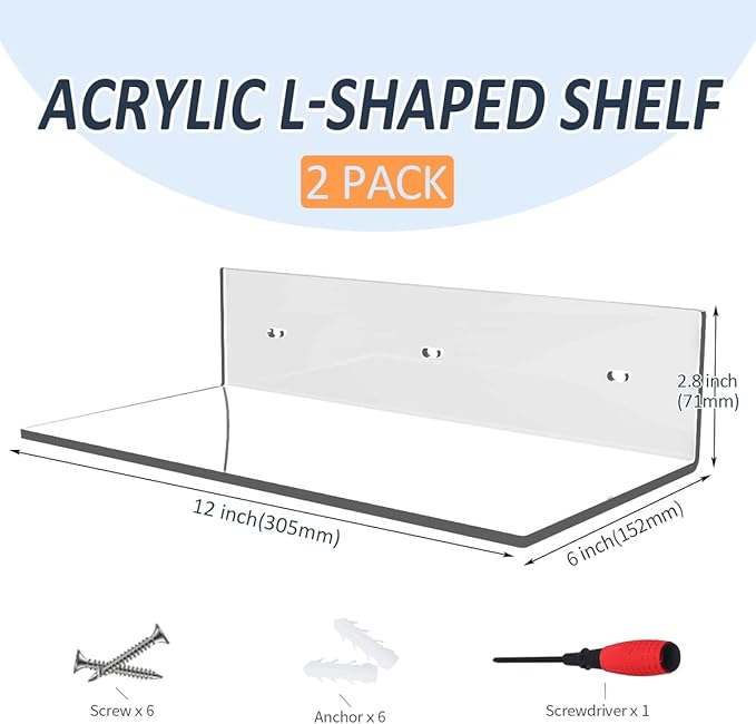 Sezanrpt 12 Inches Acrylic Wall Shelves 2 Pack, Floating Shelf for Wall Mounting, Acrylic Display Ledges for Funko Pop Figures, Home Décor, Living Room, Gaming Room, Plants(12 inch, Clear)