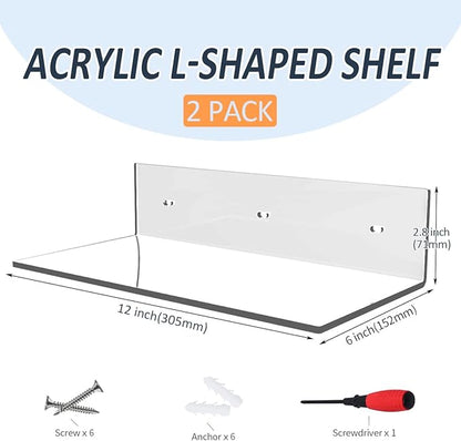 Sezanrpt 12 Inches Acrylic Wall Shelves 2 Pack, Floating Shelf for Wall Mounting, Acrylic Display Ledges for Funko Pop Figures, Home Décor, Living Room, Gaming Room, Plants(12 inch, Clear)