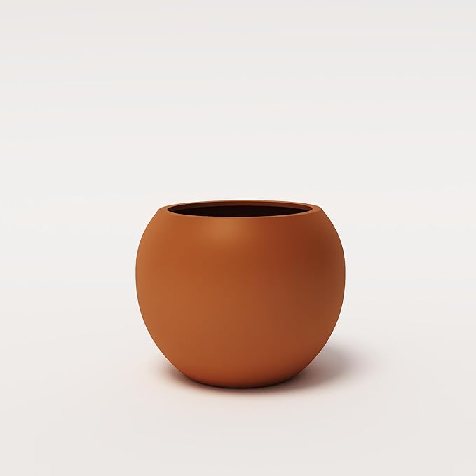 DTY Signature Mount Sherman Modern Indoor Outdoor Fiberstone Sphere Planter, Durable Round Garden Pot, Weather Resistant, Drainage Hole & Rubber Plug - Small, Terracotta