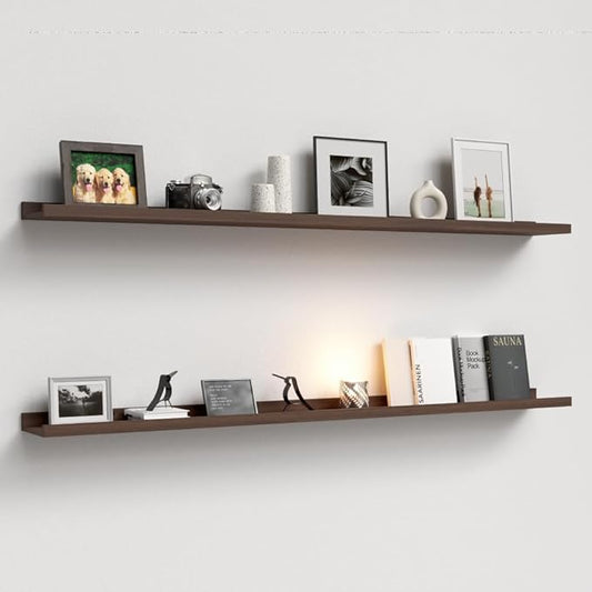 Boswillon 55.1 Inches Long Floating Shelves, 2 Set Rustic Wall Shelf for Bedroom, Nursery Book Shelf with Lip, Picture Ledge Shelf for Living Room, Bathroom, Kitchen - Walnut