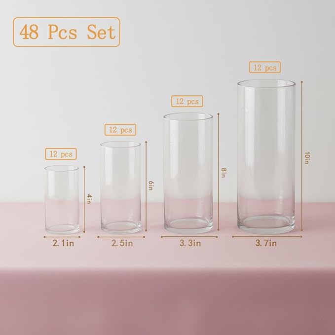 48 Pack Glass Cylinder Vases 4,6,8,10 Inch Multi-Use Flower Vases & Hurricane Floating Candle Holders for Wedding Table Centerpieces, Home Decor & Party Decorations