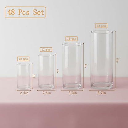 48 Pack Glass Cylinder Vases 4,6,8,10 Inch Multi-Use Flower Vases & Hurricane Floating Candle Holders for Wedding Table Centerpieces, Home Decor & Party Decorations