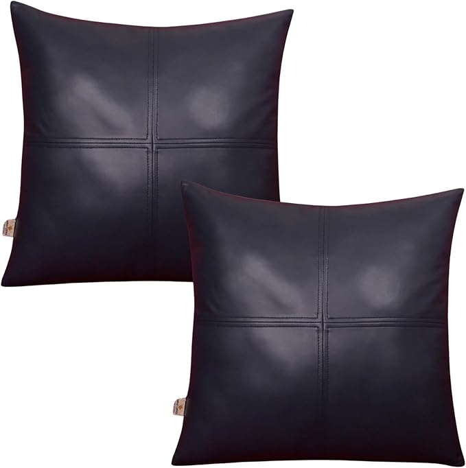 Lambskin Leather Pillow Cover, Hand Panel Stitched Leather Decorative Throw Pillow Covers for Couch Sofa Bed Living Room Garden (14x14 Inches, Gun Metal Blue Pack of 2)