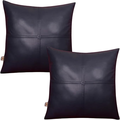 Lambskin Leather Pillow Cover, Hand Panel Stitched Leather Decorative Throw Pillow Covers for Couch Sofa Bed Living Room Garden (14x14 Inches, Gun Metal Blue Pack of 2)
