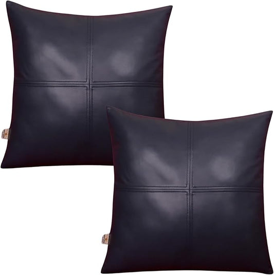 Lambskin Leather Pillow Cover, Hand Panel Stitched Leather Decorative Throw Pillow Covers for Couch Sofa Bed Living Room Garden (20x20 Inches, Gun Metal Blue Pack of 2)
