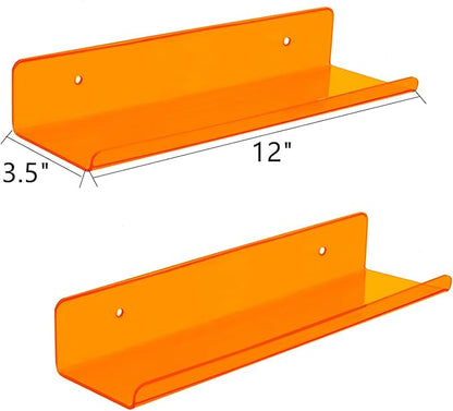 ROYALITA Small Acrylic Shelves Wall Mounted | Set of 2 | 12 Inches | Wall Hanging Plant Display Shelves, Room Decor Floating Wall Shelves for Gaming Room Bedroom, Living Room, Office, Orange