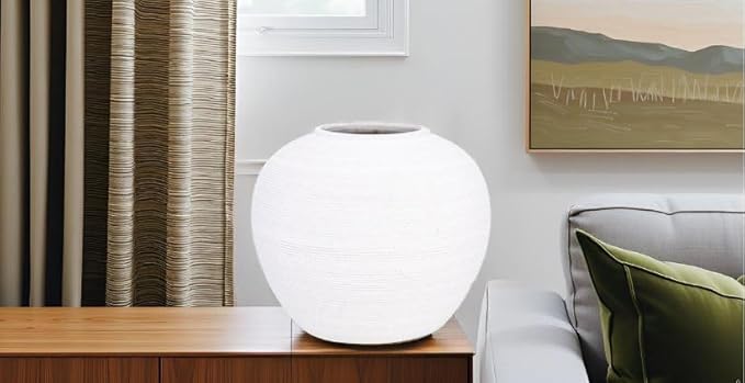Off-White Vase with Subtle Ribbed Textured-Modern Minimalist Decorative Vase for Dried Flowers, Elegant Table Decor for Shelf Fireplace Mantel [7.5” W x 6.5” H]