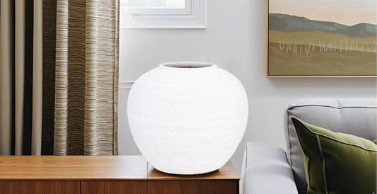 Off-White Vase with Subtle Ribbed Textured-Modern Minimalist Decorative Vase for Dried Flowers, Elegant Table Decor for Shelf Fireplace Mantel [7.5” W x 6.5” H]