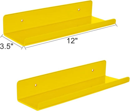 ROYALITA Small Acrylic Shelves Wall Mounted | Set of 2 | 12 Inches | Wall Hanging Plant Display Shelves, Room Decor Floating Wall Shelves for Gaming Room Bedroom, Living Room, Office, Yellow