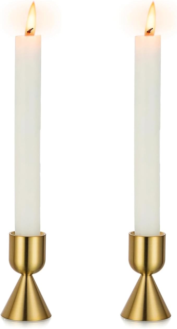 Brass Gold Candlestick Holder,Taper Candle Holders,Candle Stick Holders 2Pcs,Modern Aluminium Taper Holder for Table Mantel Wedding Housewarming Gift