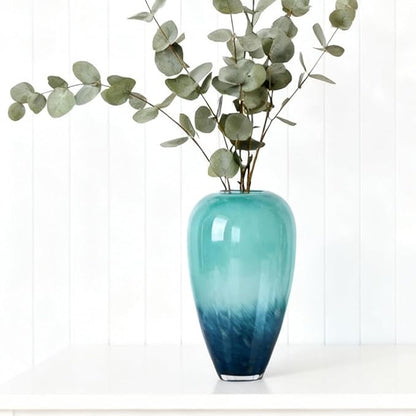 Teal Glass Vase – 11" Hand Blown Glass Vase for Teal Home Decor Accents, Wide Mouth Turquoise Vases Home Decor for Centerpieces, Dining Table, Bookshelf, Bathroom or Living Room Display