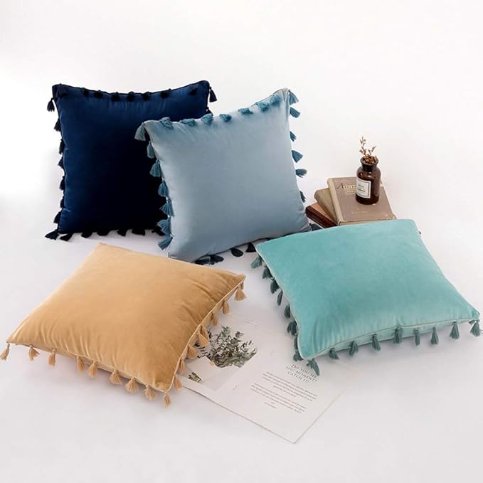 vctops Velvet Soft Solid Decorative Throw Pillow Cover with Tassels Boho Accent Cushion Case for Couch Bedroom Car Water Green 18''x18''