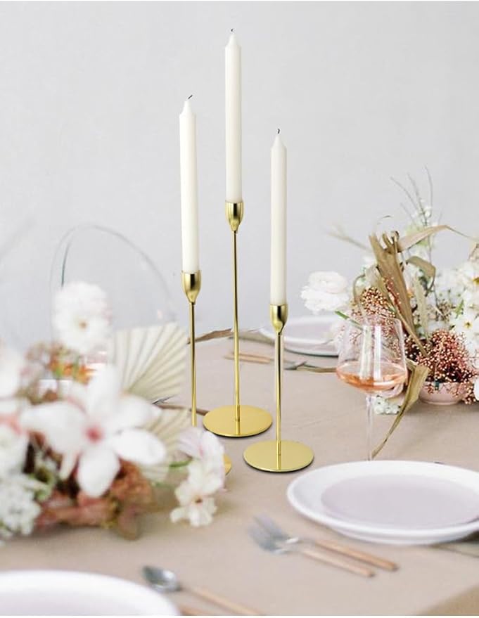 Delicate Light Gold Candlestick Holders of 3 PCS Taper Candle Stick Holders for 3/4" Taper&Led Candle, Elegant Candle Holder for Table Centerpiece/Wedding/Party/Dinning/Anniversary/Decor