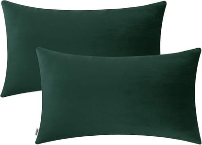 Jeneoo Set of 2 Comfy Soft Velvet Throw Pillow Covers for Sofa Couch Decorative Solid Square Cushion Cases (12 x 20 Inches, Hunter Green)