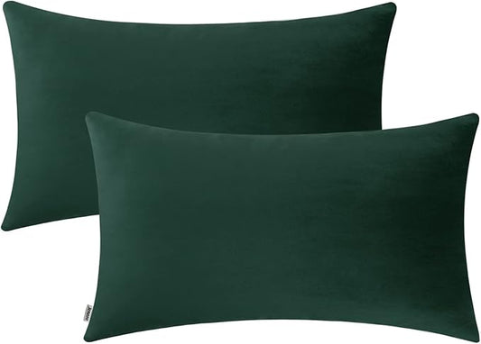 Jeneoo Set of 2 Comfy Soft Velvet Throw Pillow Covers for Sofa Couch Decorative Solid Square Cushion Cases (12 x 20 Inches, Hunter Green)