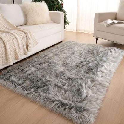 Fluffy Faux Fur Rug Gery Sheepskin Area Rug,4x6 Ft Ultra Soft Shaggy Plush Rug for Bedroom Bedside Living Room Nursery Kids Room