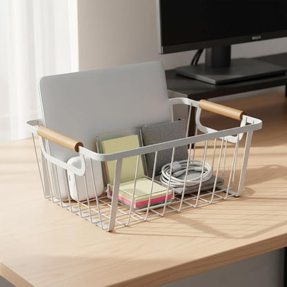 White wire baskets for organizing with Wooden Handle,Metal Wire Storage Baskets Country Vintage Style Snack Baskets. pantry organizers and storage，Kitchen,Bedroom,Bathroom,White,Set of 2
