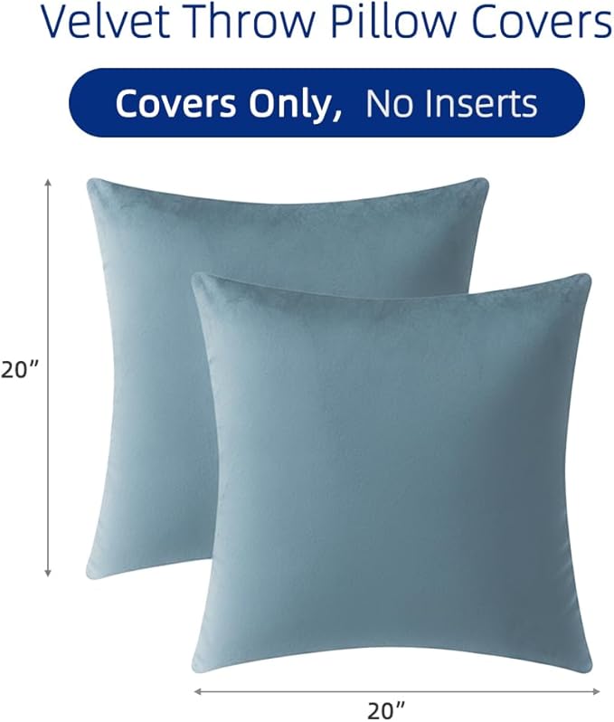 QUORGVES Light Blue Velvet Pillow Covers 20x20 Inch Set of 2, Soft Solid Decorative Square Throw Pillow Covers, Decor Cushion Covers for Bed Sofa Couch Bedroom Living Room - Coastal Sky Baby Blue