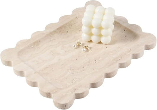 Koville Romano Travertine Tray, 11"x8" Natural Marble Scalloped Tray for Jewelry Cosmetics Perfume Trinket, Stone Vanity Tray for Countertop Bathroom Kitchen Dresser, Travertine Decor(Beige)