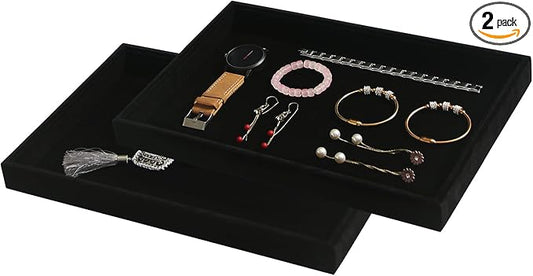 Coward 2Pcs/Set Black Velvet Stackable Jewerlry Organizer Tray Velvet Blank Tray Holder for Beads Bracelets Necklaces Earrings Store Selling or Home Show
