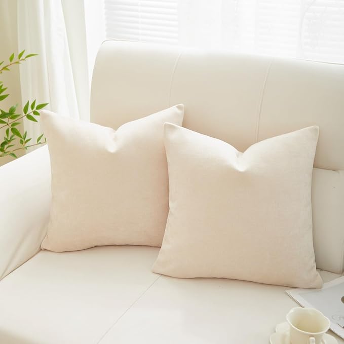 Sunday Praise Beige Throw Pillow Covers 18x18 Inch Set of 2 Soft Cozy Chenille Decorative Square Pillow Cases Farmhouse Accent Solid Neutral Cushion Covers for Couch Sofa Chair Bed Home Décor