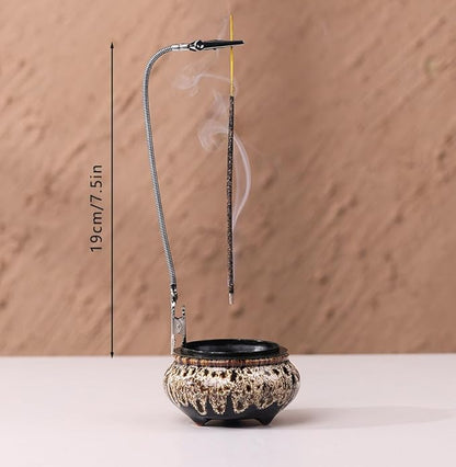 Incense Burner with Calabash Incense Stick Holder - Porcelain Charcoal Censer for Use with Resin Granular Powder Cone or Coil Incense (Fambe Gray)
