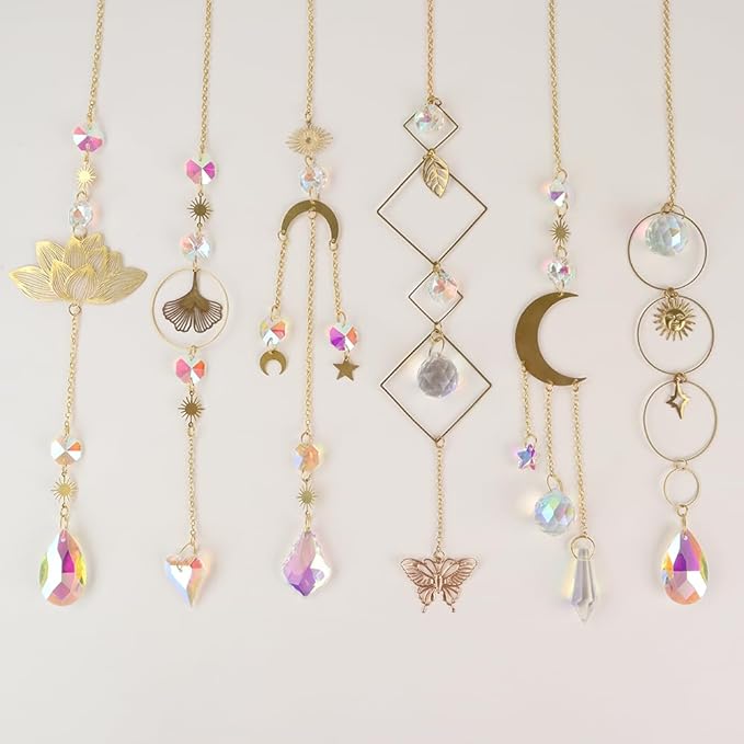 6pcs Crystal Suncatcher, Sun Catcher Hanging for Windows, Spiritual, Rainbow Maker, Crystal Indoor Garden Home Decor,Gemstone Prism（Set 1）