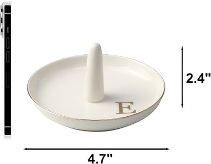 Ceramic Initials Jewelry Tray Ring Dish With Personalized E-Monogrammed Engagement Wedding Gifts, for Birthday Mother's Day for Women, Ceramic White 4.7" x2.4"