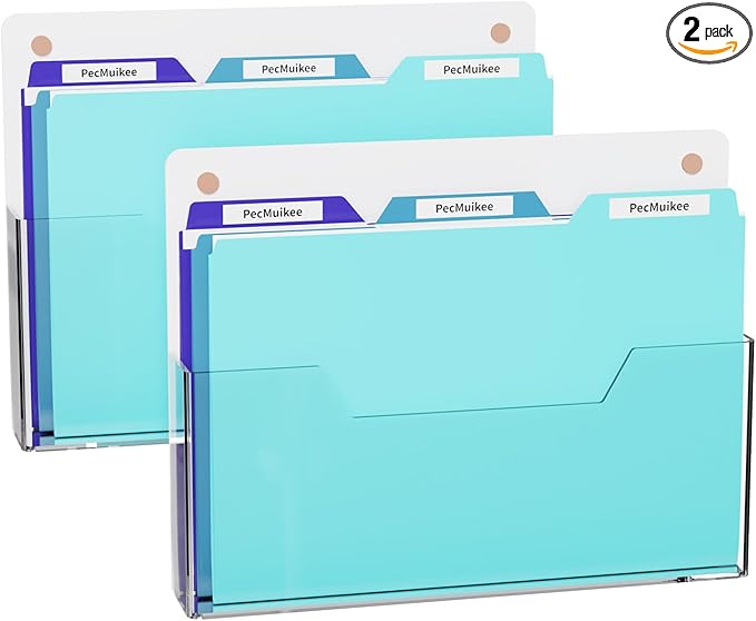 PecMuikee Wall File Organizer, Horizontal Acrylic Mail Magazine Holder Wall Mount, 4 Colors of Screw Caps Included Hanging File Organizer for School, Office, Hospital, 2 Pcs