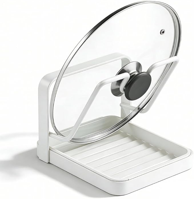 Kitchen Pot Lid Storage Rack, Multifunctional Utensils Pan Pot Cover Lid Rack Shelf for Pots Lids, Spatulas Multifunctional Kitchen Pot Lid Organizer for Countertop (Cream White Single Layer)