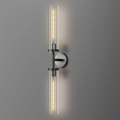 Black Wall Sconce, 30" Modern Knurled Wall Lighting with 2 Clear Glass Tubes, Double Vanity Light Fixture, Bathroom Wall Lamp, Bedroom, Living Room, Hallway Lighting, Hardwired (Including Bulb)