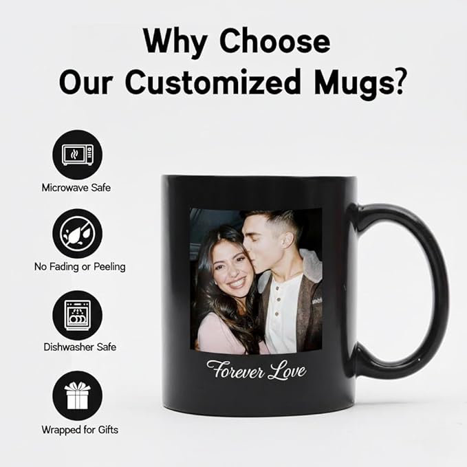 Custom Photo Coffee Mug, Personalized Forever Love Design Ceramic Cup for Anniversary Boyfriend Girlfriend Dishwasher Safe, 11oz (Black)
