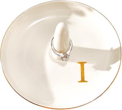 Ceramic Initials Jewelry Tray Ring Dish With Personalized I-Monogrammed Engagement Wedding Gifts, for Birthday Mother's Day for Women, Ceramic White 4.7" x2.4"