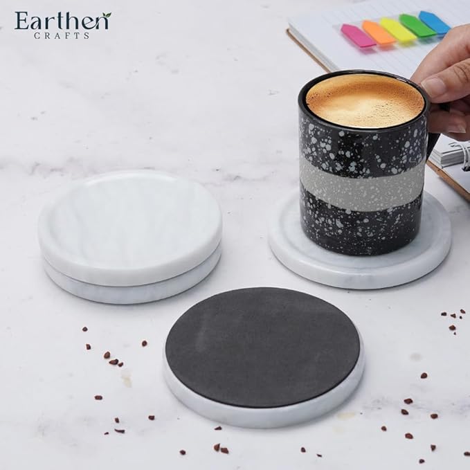 Marble Coasters Set of 4 for Drinks Countertop 4 Inches Round White Stone Drink Coaster for Kitchen Counter, Ideal for Home Decor House Warming