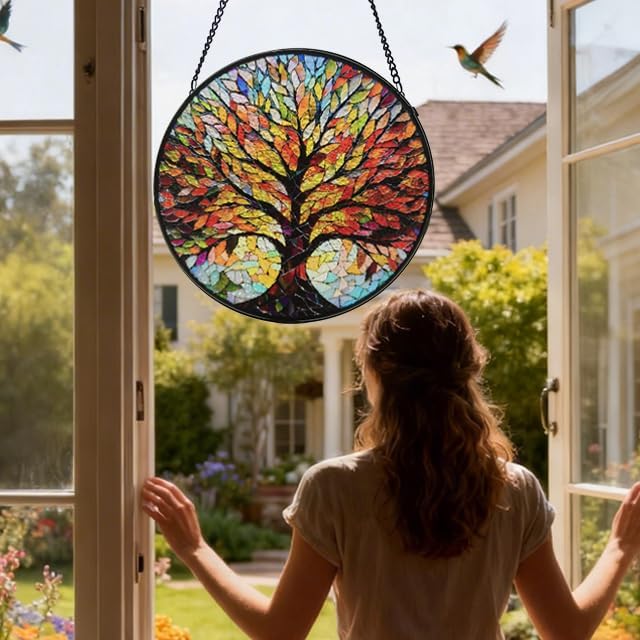 Stained Glass Window Hanging, Tree of Life Sun Catcher, Sun Catchers Indoor Window, Colorful Glass Panel,Suncatcher Room Decor,Gifts for Grandma Mom Wife,Aunt Birthday Gifts for Women 7.8in